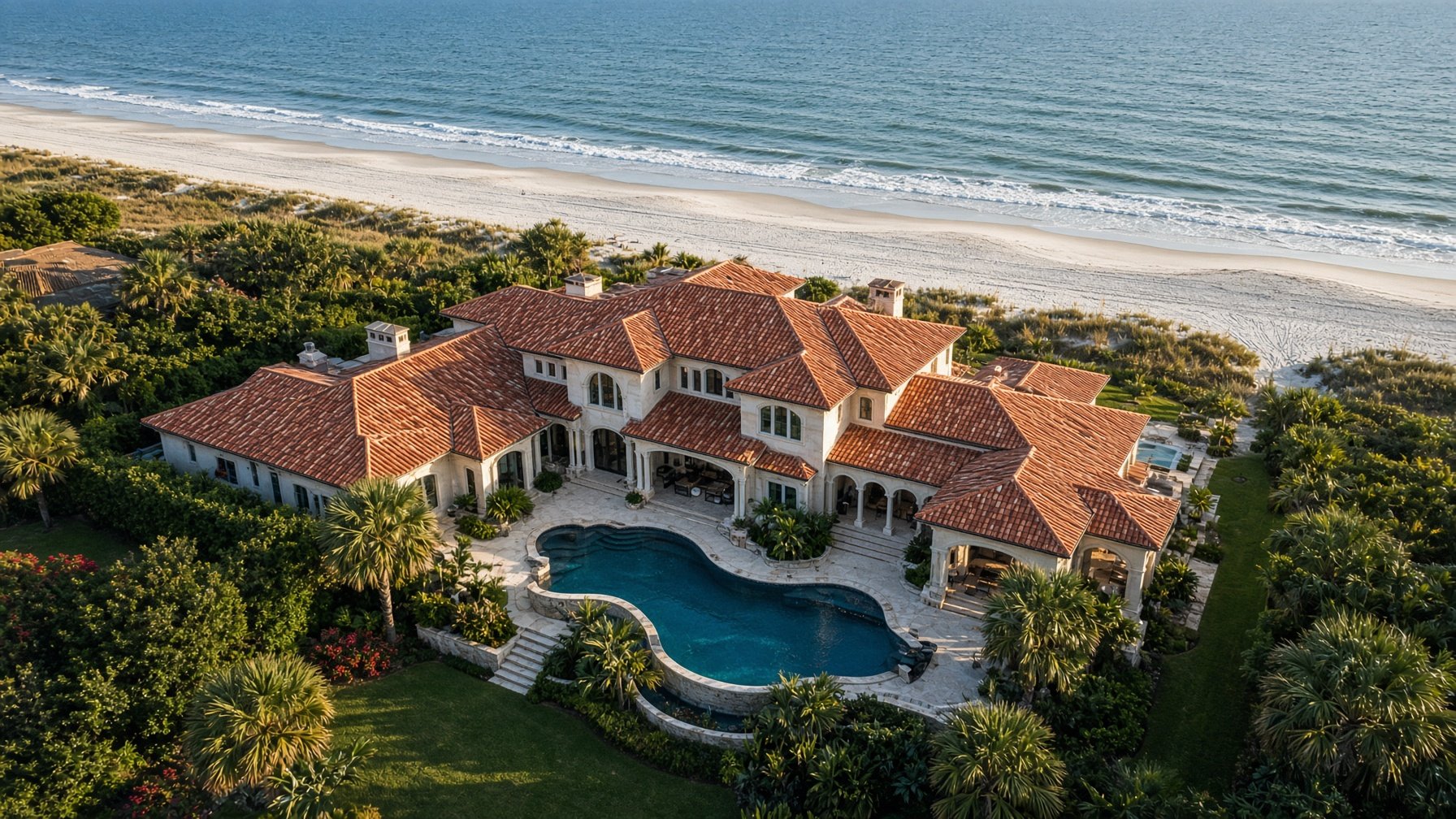 5K drone aerial of a beachfront clay tile roof