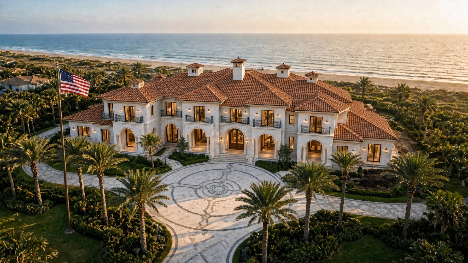 Oceanfront Florida mansion with American flag