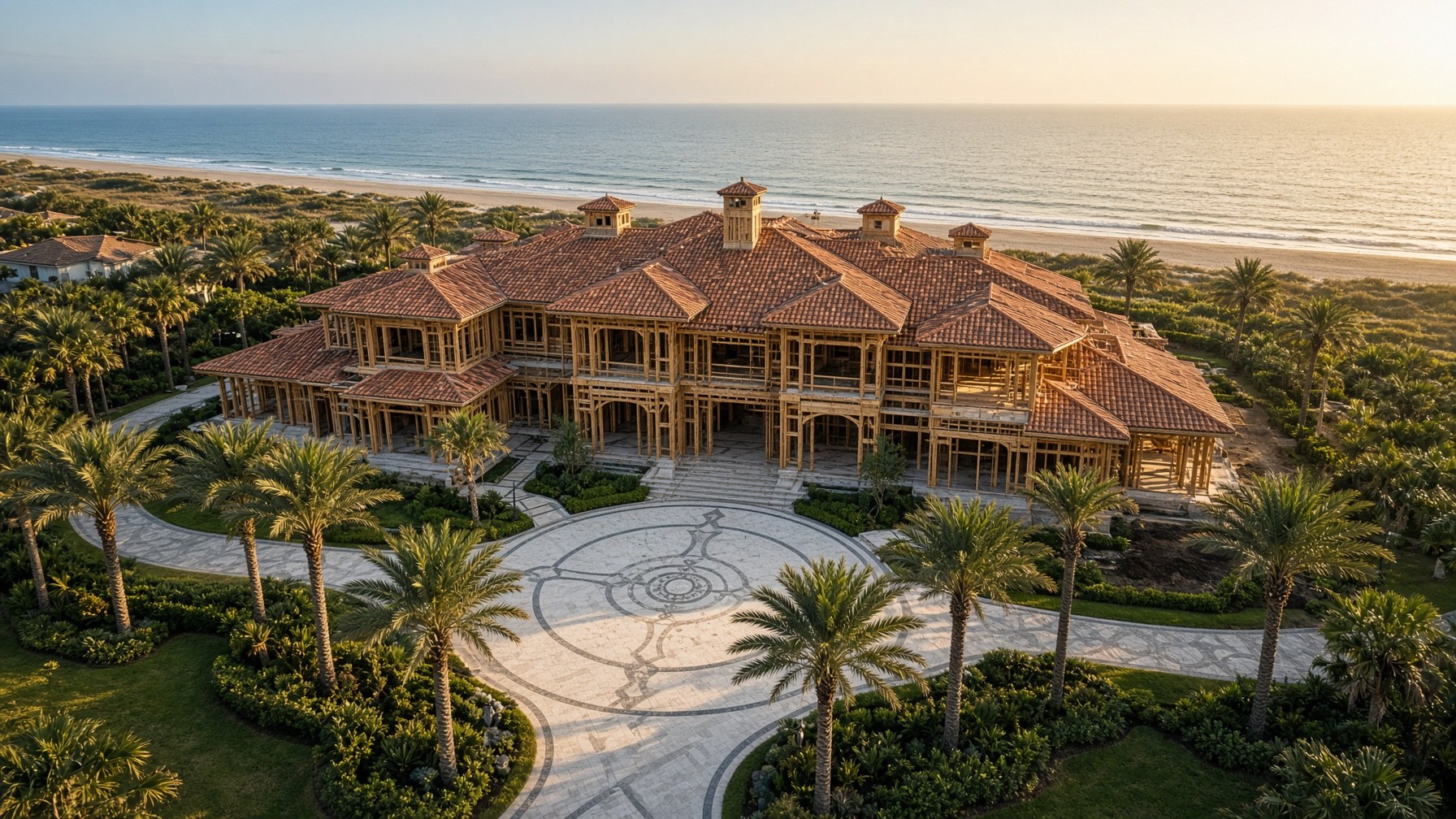 Florida beachfront mansion in framing with ceramic tile roof
