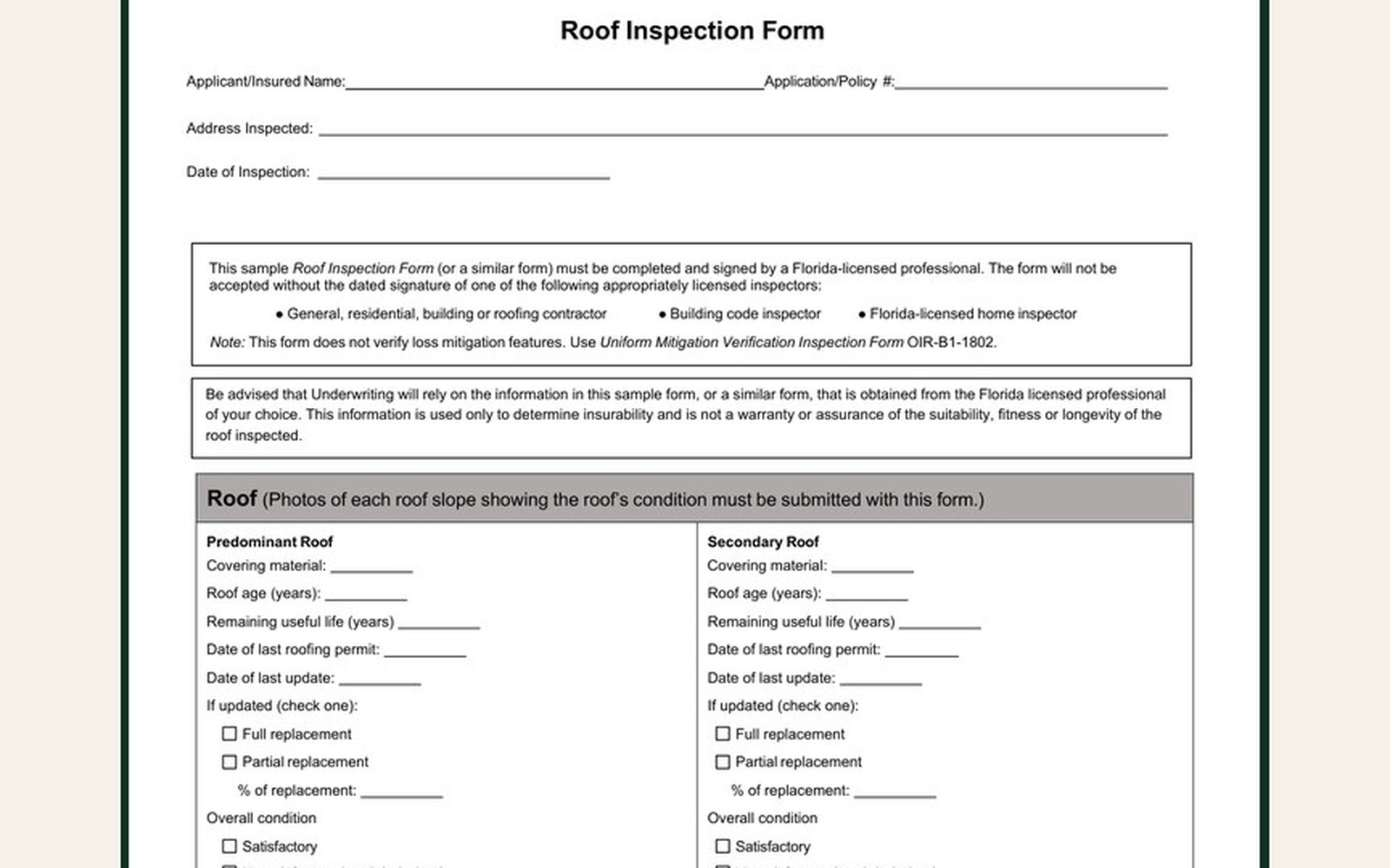 Roof certification form example