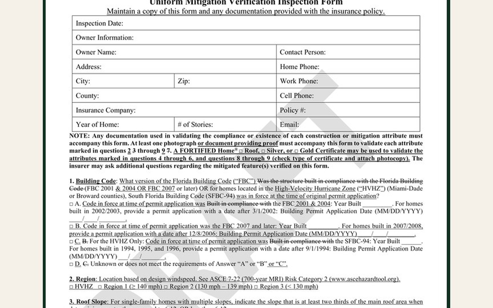 Wind mitigation inspection form example