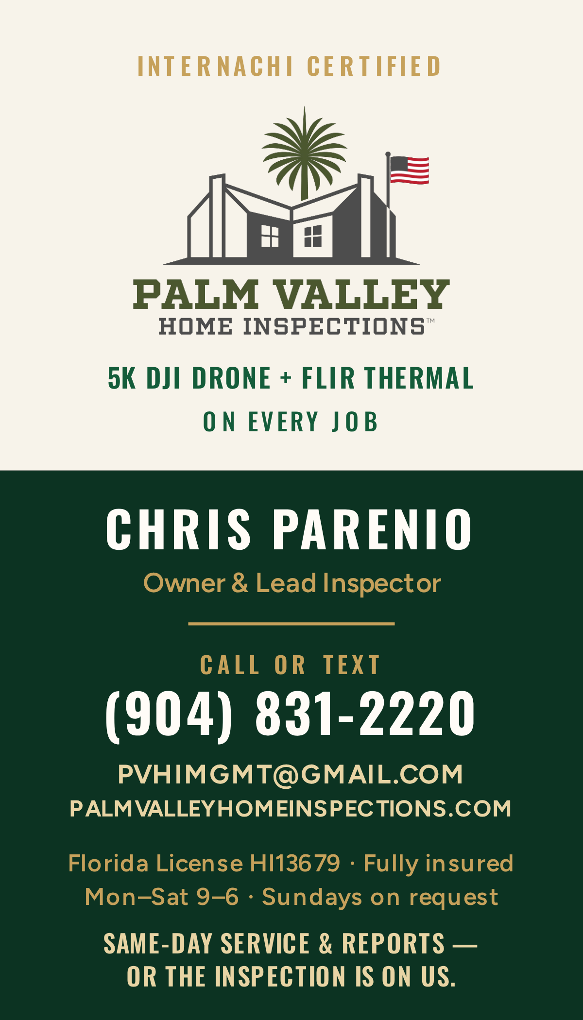 Front of the Palm Valley Home Inspections business card
